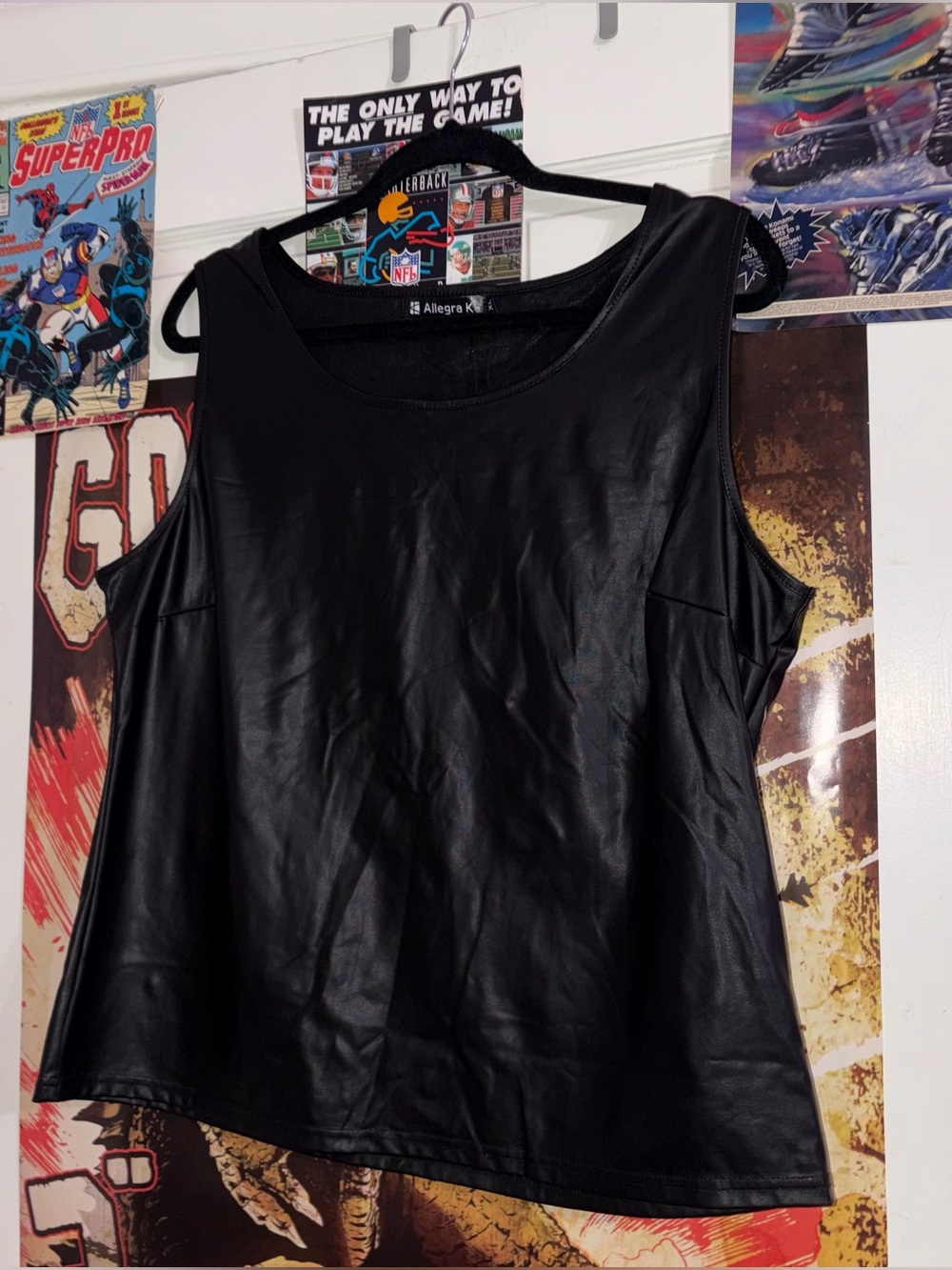 Allegra K Black Faux Leather-Look Tank Top
